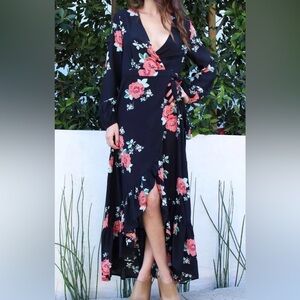 Floral Black Maxi ruffle Dress High and low
